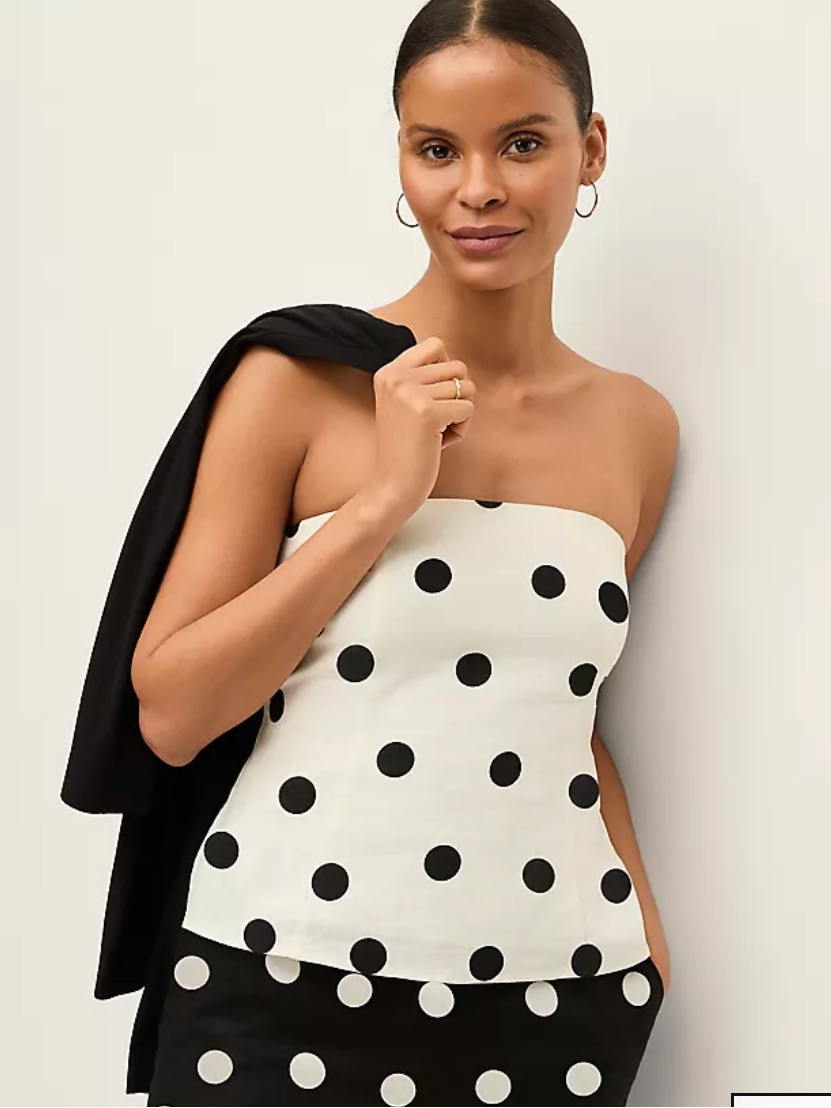 Ann Taylor Strapless Black Polka Dot White Top